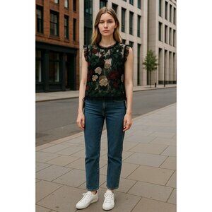 GRACIA Women Black Floral Sleeveless Blouse SMALL